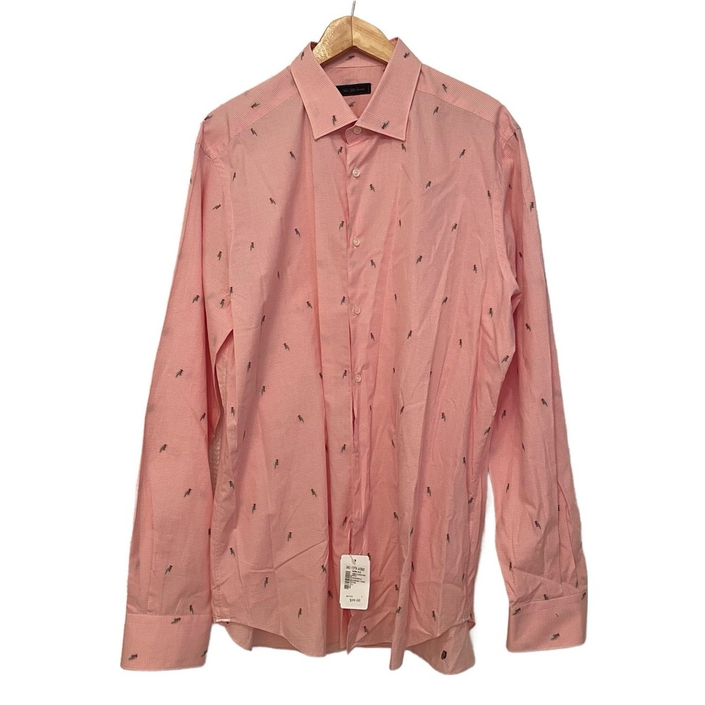 Saks Fifth Avenue Gingham Parrot Pink Button Up Dress Shirt Mens Size XL 17.5"